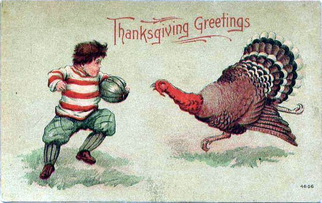 Vintage illustration of boy playing football against a turkey