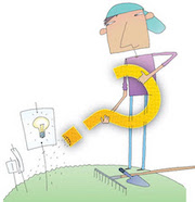 Boy wearing backwards cap holds a question-mark shaped watering can.