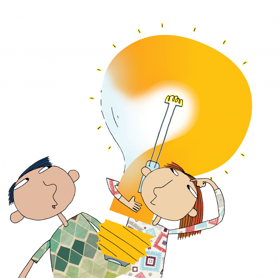 Illustration of two young people. One holds and points toward a large lightbulb.