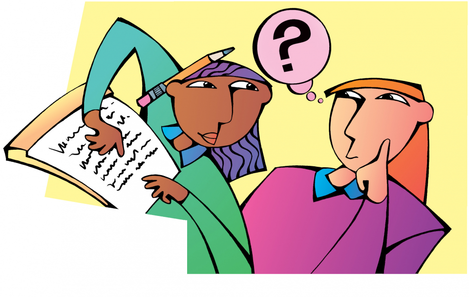 Two students sharing writing. One holds a piece of paper.