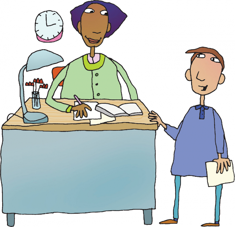 Illustration of teacher at desk chatting with a student
