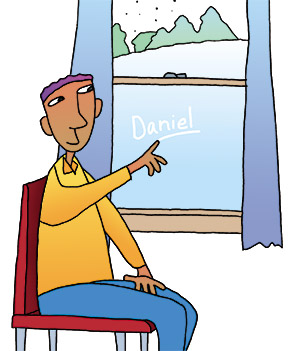 Illustration of boy writing his name in a frosty window
