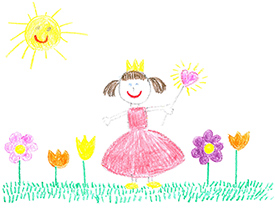 child crayon drawing of beautiful day and princess girl