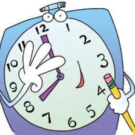 illustration of a clock character holding a pencil